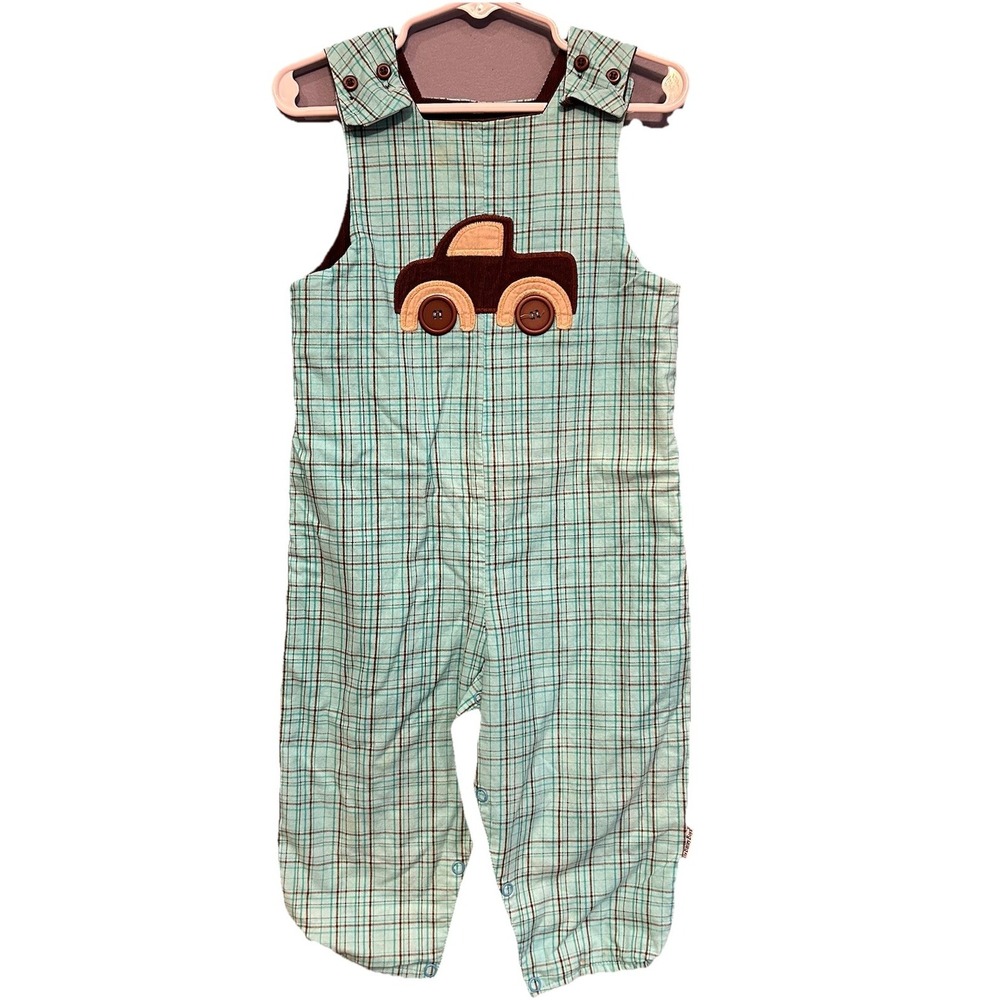 The‎ Bailey Boys VTG Reversible Overalls 24M Green Plaid Truck Brown Corduroy 2T